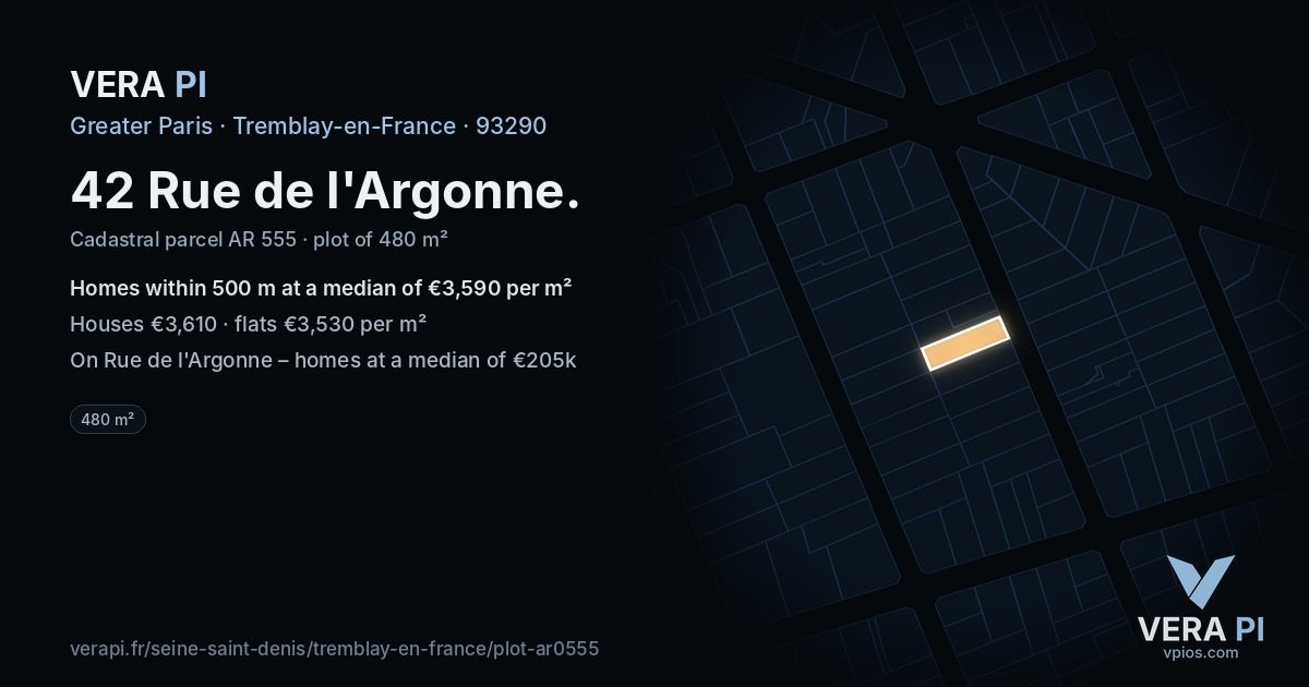 42 Rue de l'Argonne, Tremblay-en-France at night – the plot lit, the parcels around coloured by the prices near them