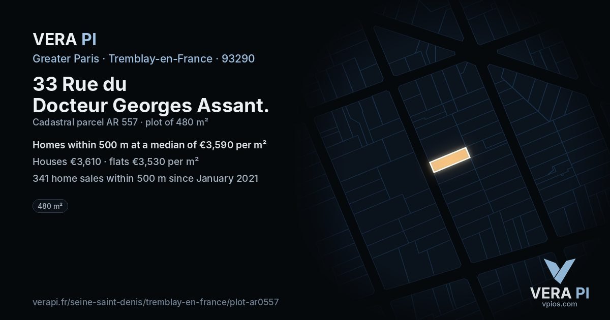 33 Rue du Docteur Georges Assant, Tremblay-en-France at night – the plot lit, the parcels around coloured by the prices near them