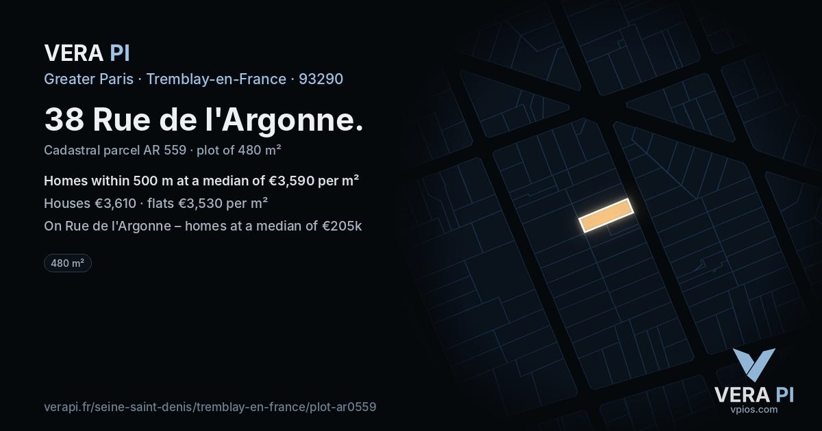 38 Rue de l'Argonne, Tremblay-en-France at night – the plot lit, the parcels around coloured by the prices near them