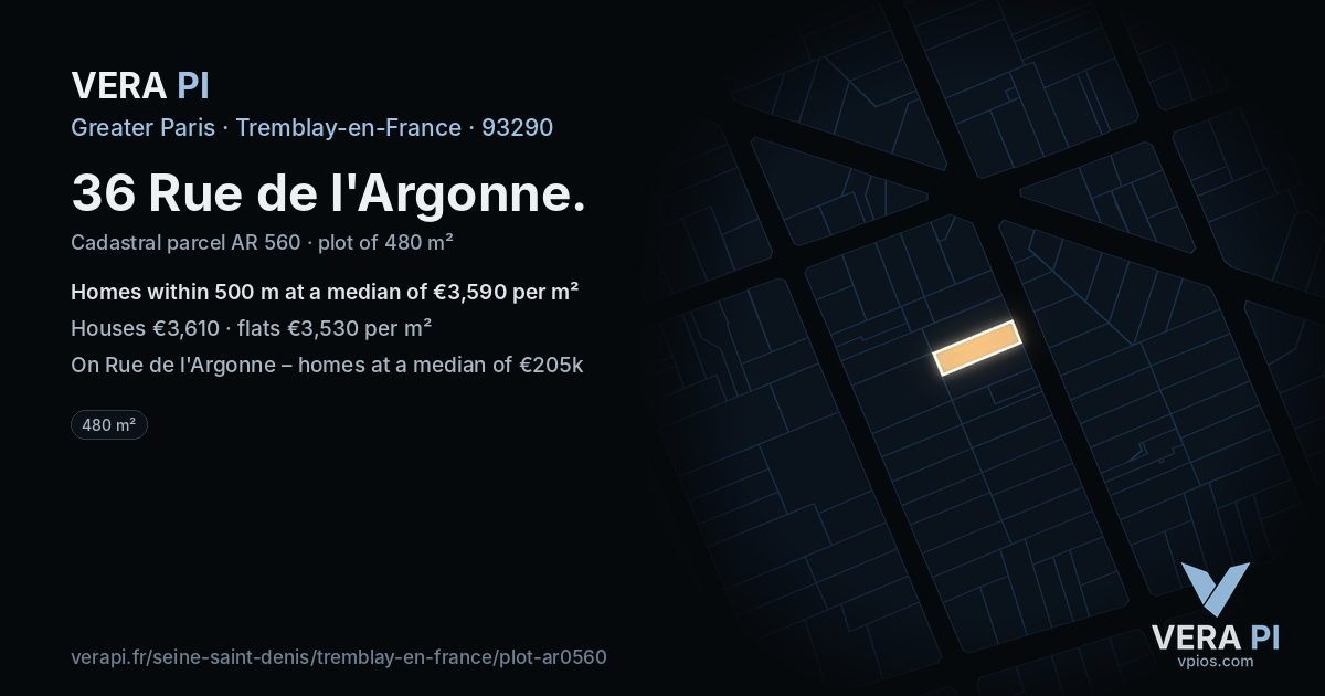 36 Rue de l'Argonne, Tremblay-en-France at night – the plot lit, the parcels around coloured by the prices near them