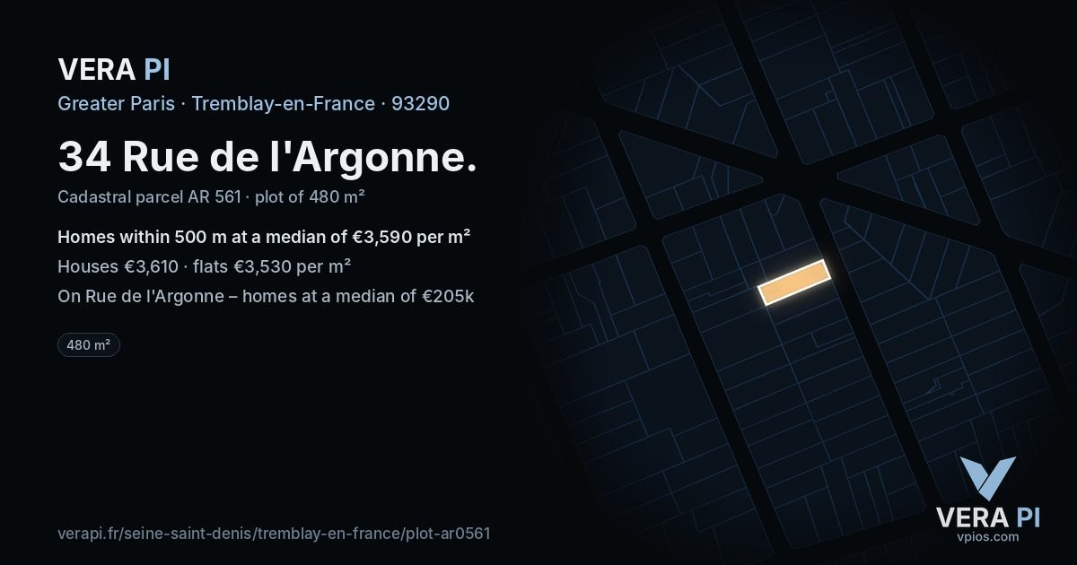 34 Rue de l'Argonne, Tremblay-en-France at night – the plot lit, the parcels around coloured by the prices near them