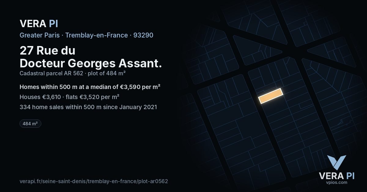 27 Rue du Docteur Georges Assant, Tremblay-en-France at night – the plot lit, the parcels around coloured by the prices near them
