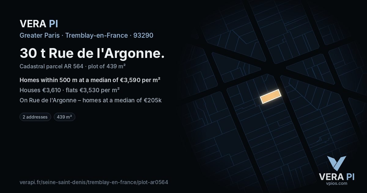 30 t Rue de l'Argonne, Tremblay-en-France at night – the plot lit, the parcels around coloured by the prices near them