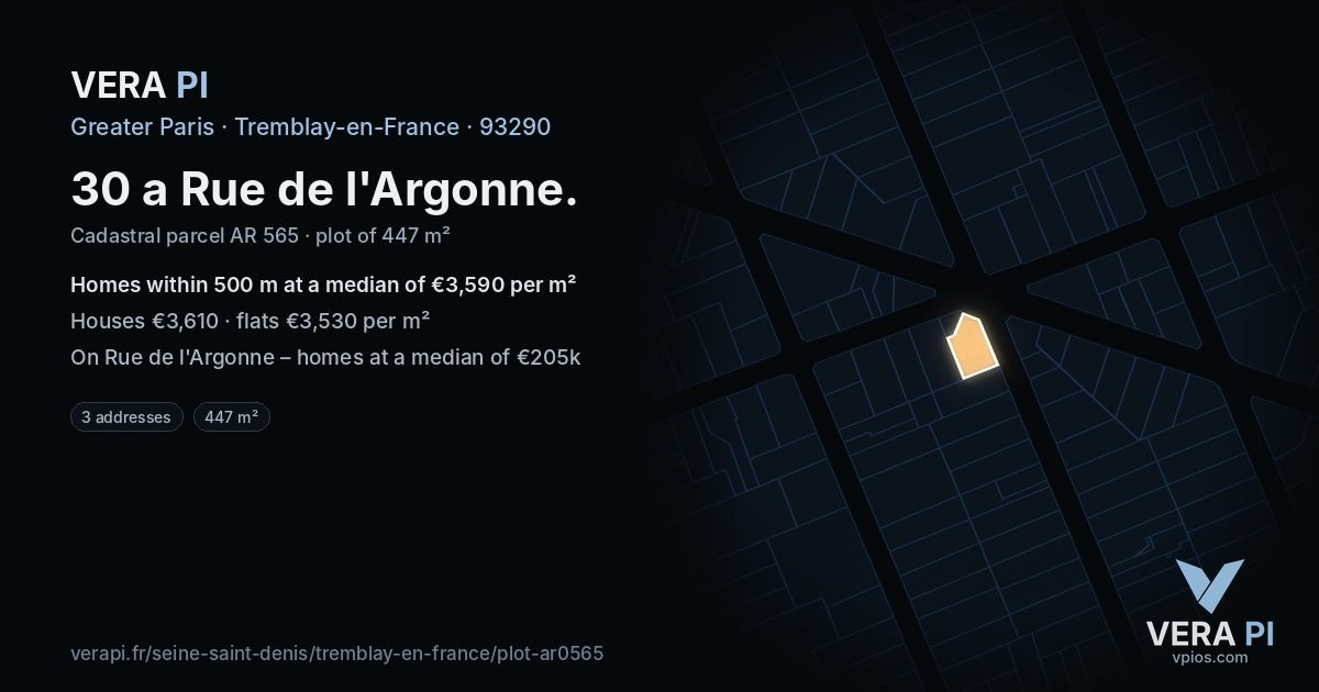 30 a Rue de l'Argonne, Tremblay-en-France at night – the plot lit, the parcels around coloured by the prices near them