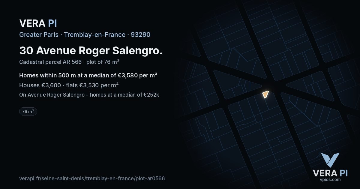 30 Avenue Roger Salengro, Tremblay-en-France at night – the plot lit, the parcels around coloured by the prices near them