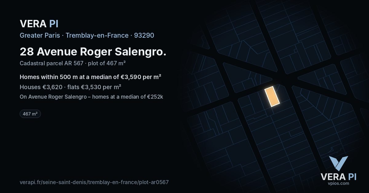 28 Avenue Roger Salengro, Tremblay-en-France at night – the plot lit, the parcels around coloured by the prices near them