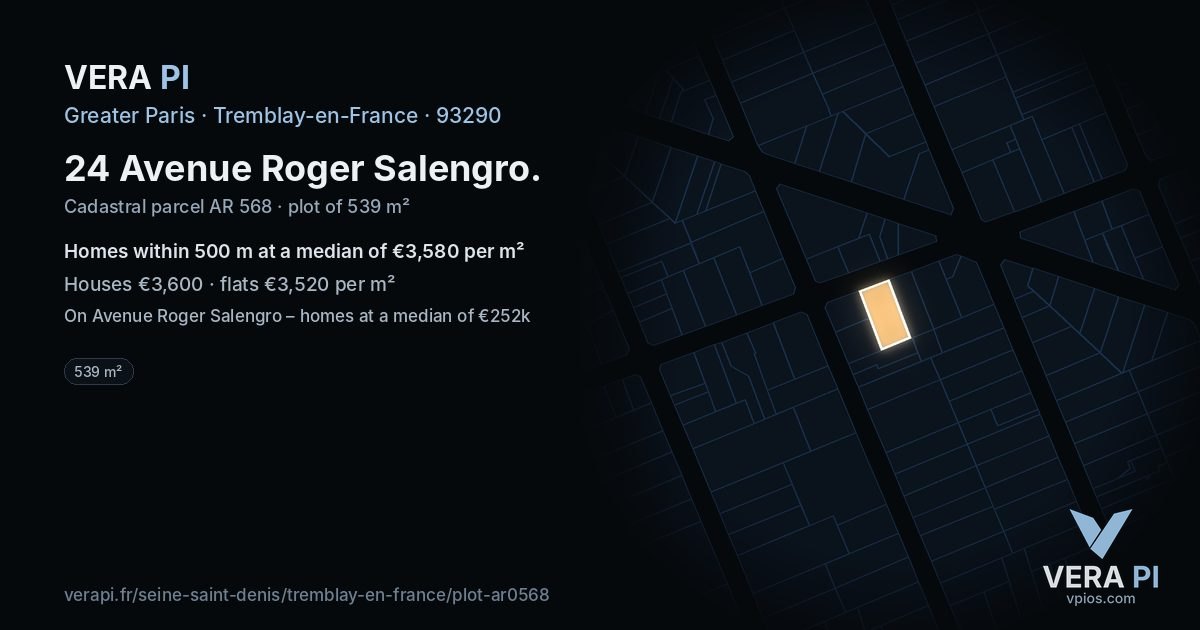 24 Avenue Roger Salengro, Tremblay-en-France at night – the plot lit, the parcels around coloured by the prices near them
