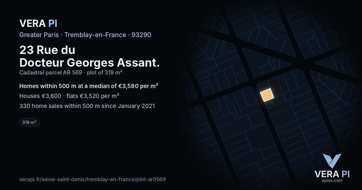 23 Rue du Docteur Georges Assant, Tremblay-en-France at night – the plot lit, the parcels around coloured by the prices near them