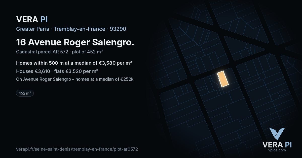 16 Avenue Roger Salengro, Tremblay-en-France at night – the plot lit, the parcels around coloured by the prices near them