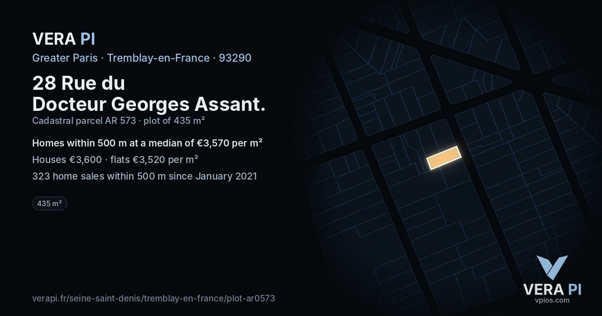 28 Rue du Docteur Georges Assant, Tremblay-en-France at night – the plot lit, the parcels around coloured by the prices near them