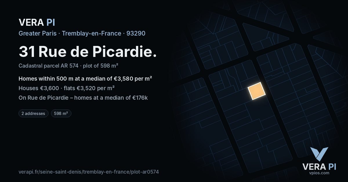 31 Rue de Picardie, Tremblay-en-France at night – the plot lit, the parcels around coloured by the prices near them