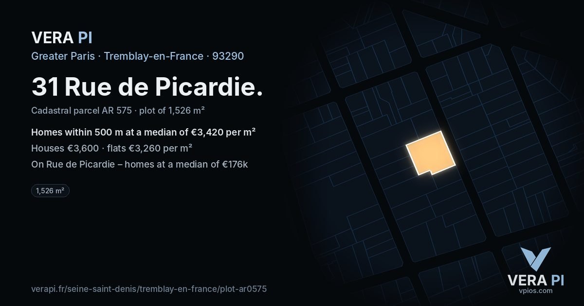 31 Rue de Picardie, Tremblay-en-France at night – the plot lit, the parcels around coloured by the prices near them