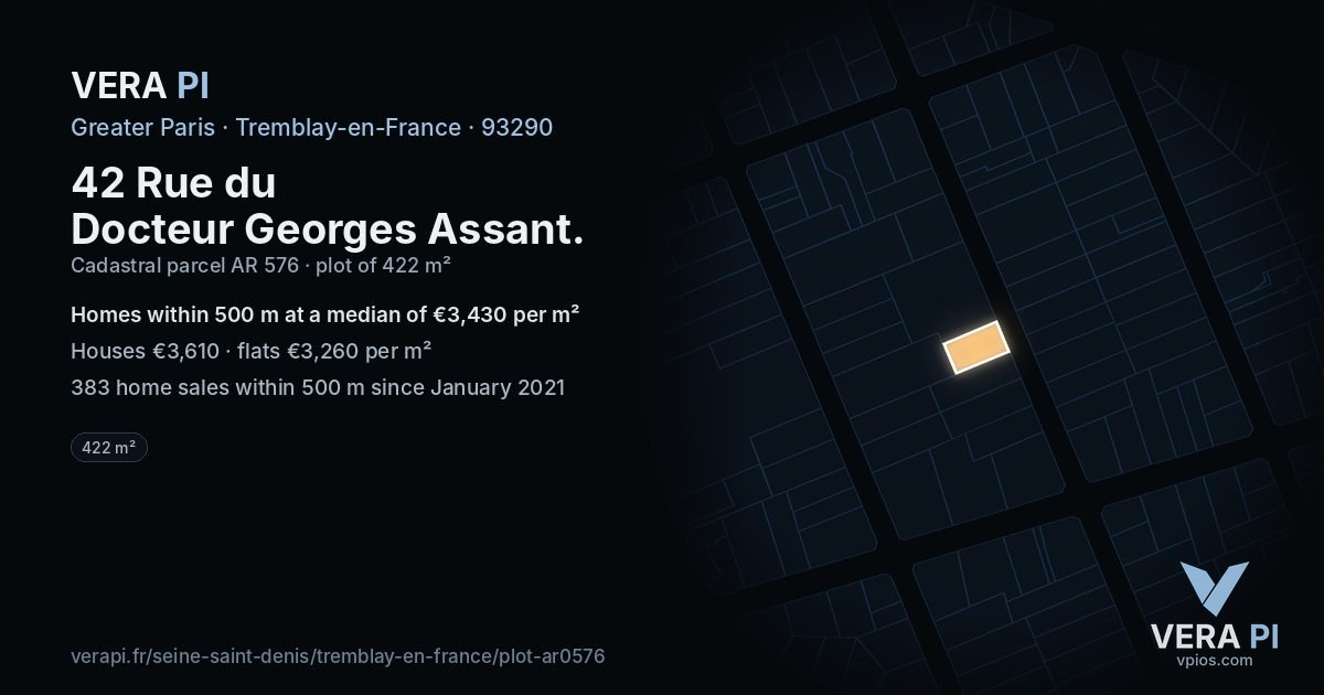 42 Rue du Docteur Georges Assant, Tremblay-en-France at night – the plot lit, the parcels around coloured by the prices near them