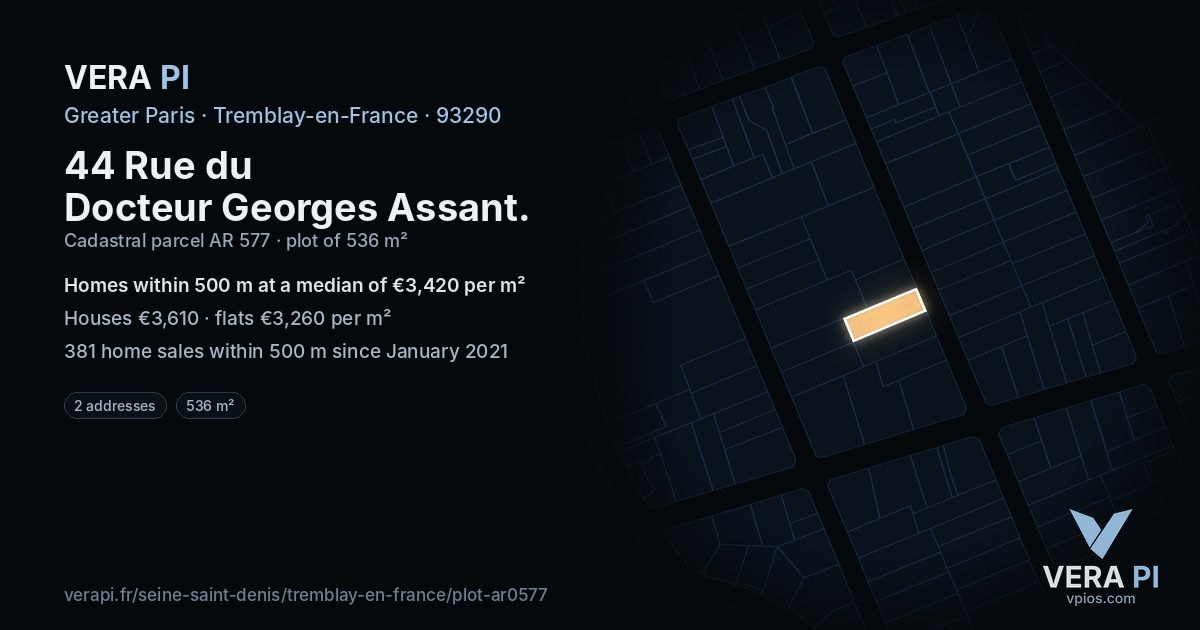 44 Rue du Docteur Georges Assant, Tremblay-en-France at night – the plot lit, the parcels around coloured by the prices near them