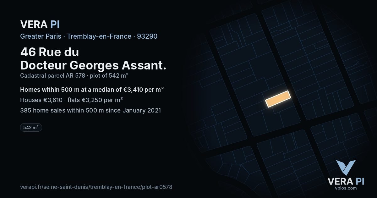 46 Rue du Docteur Georges Assant, Tremblay-en-France at night – the plot lit, the parcels around coloured by the prices near them