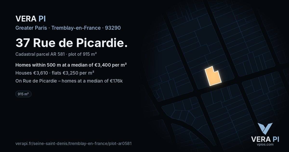 37 Rue de Picardie, Tremblay-en-France at night – the plot lit, the parcels around coloured by the prices near them