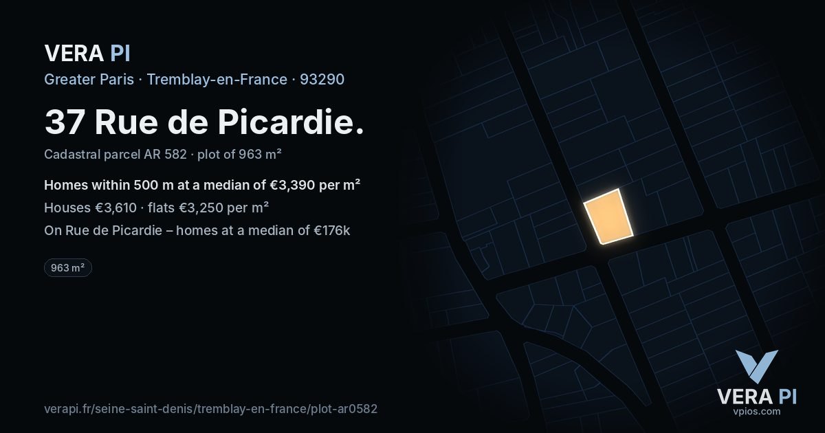 37 Rue de Picardie, Tremblay-en-France at night – the plot lit, the parcels around coloured by the prices near them