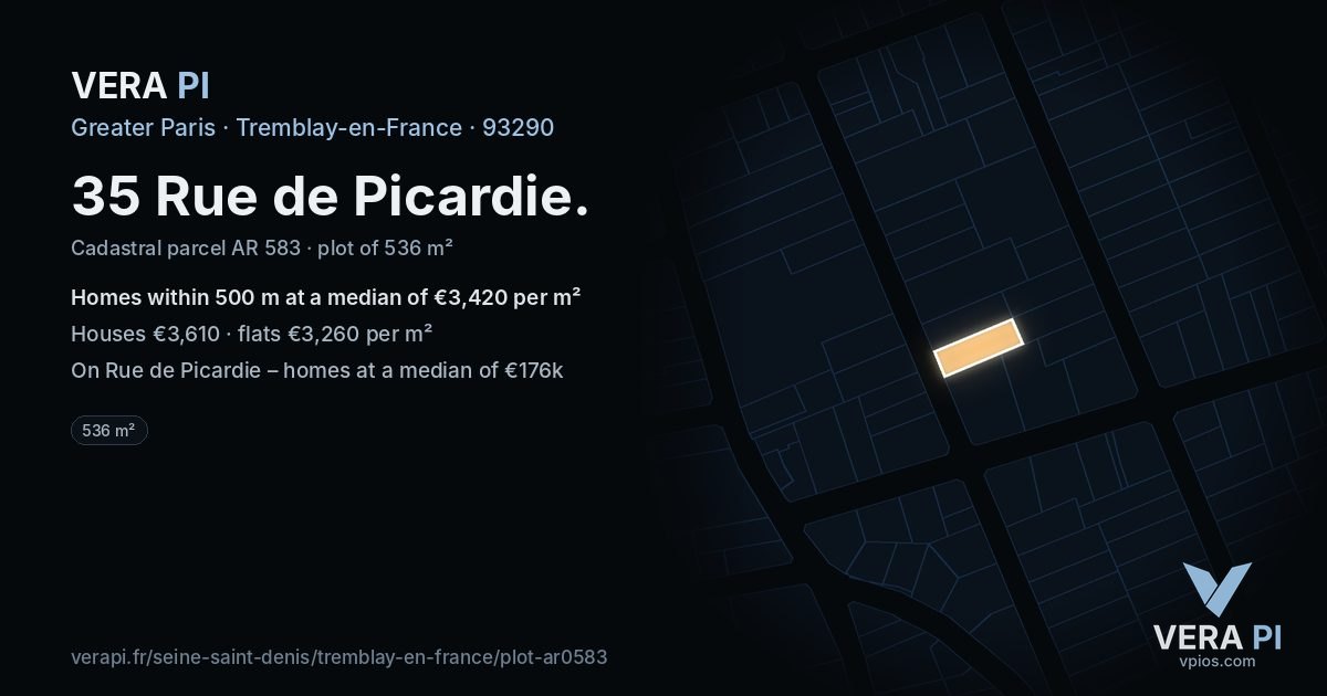 35 Rue de Picardie, Tremblay-en-France at night – the plot lit, the parcels around coloured by the prices near them