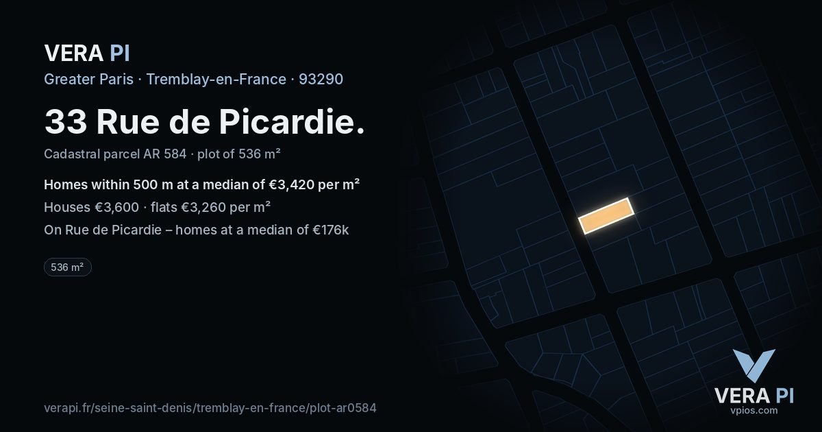 33 Rue de Picardie, Tremblay-en-France at night – the plot lit, the parcels around coloured by the prices near them