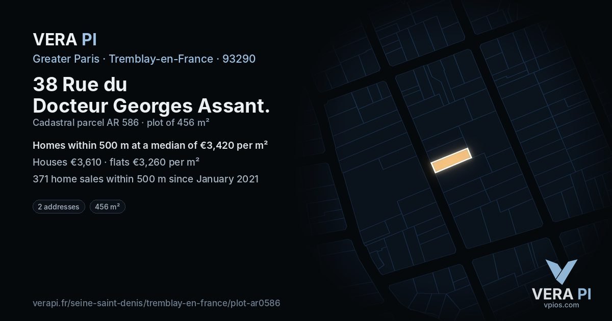 38 Rue du Docteur Georges Assant, Tremblay-en-France at night – the plot lit, the parcels around coloured by the prices near them
