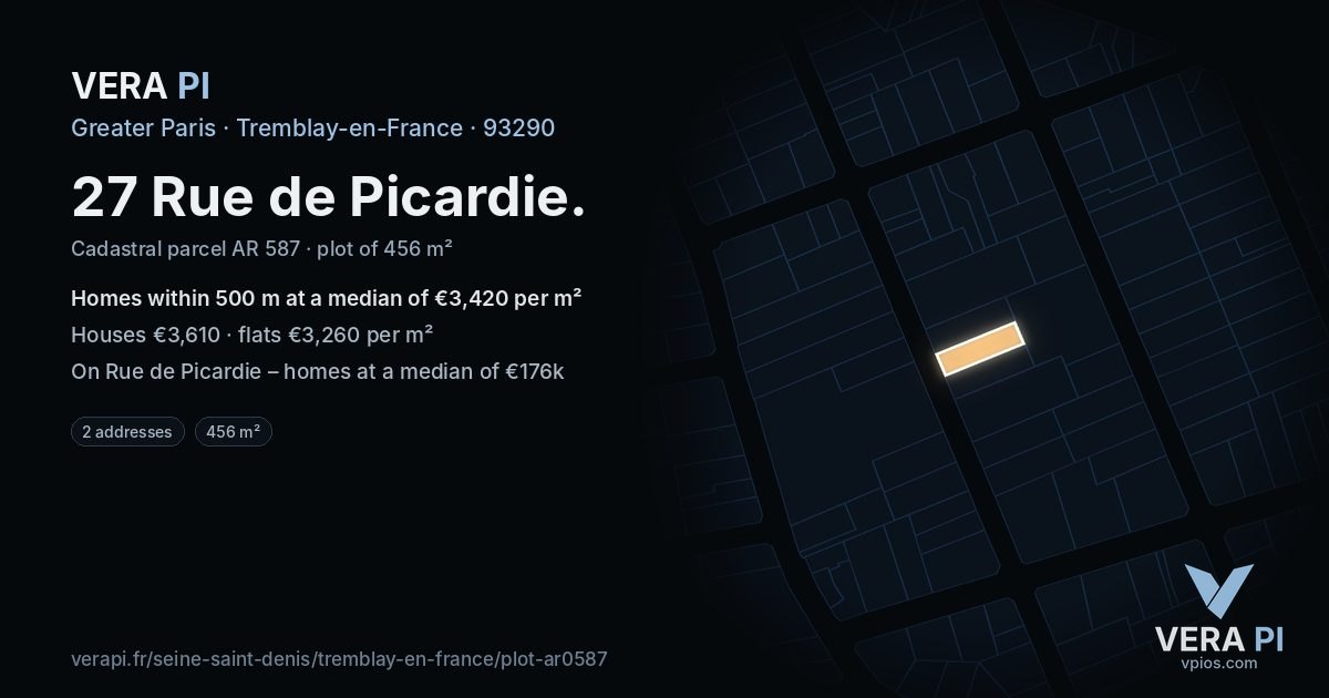 27 Rue de Picardie, Tremblay-en-France at night – the plot lit, the parcels around coloured by the prices near them