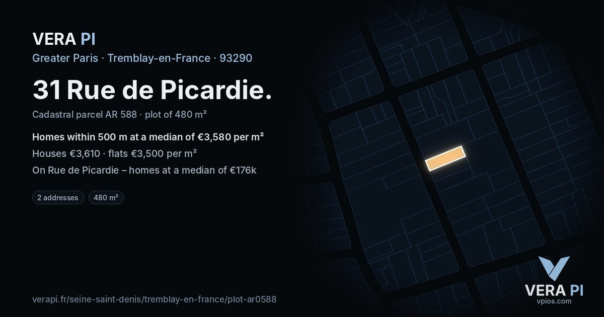 31 Rue de Picardie, Tremblay-en-France at night – the plot lit, the parcels around coloured by the prices near them