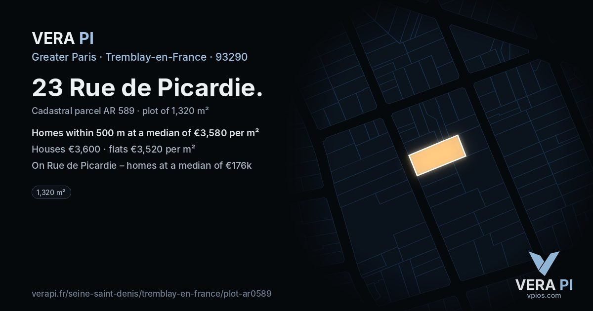 23 Rue de Picardie, Tremblay-en-France at night – the plot lit, the parcels around coloured by the prices near them