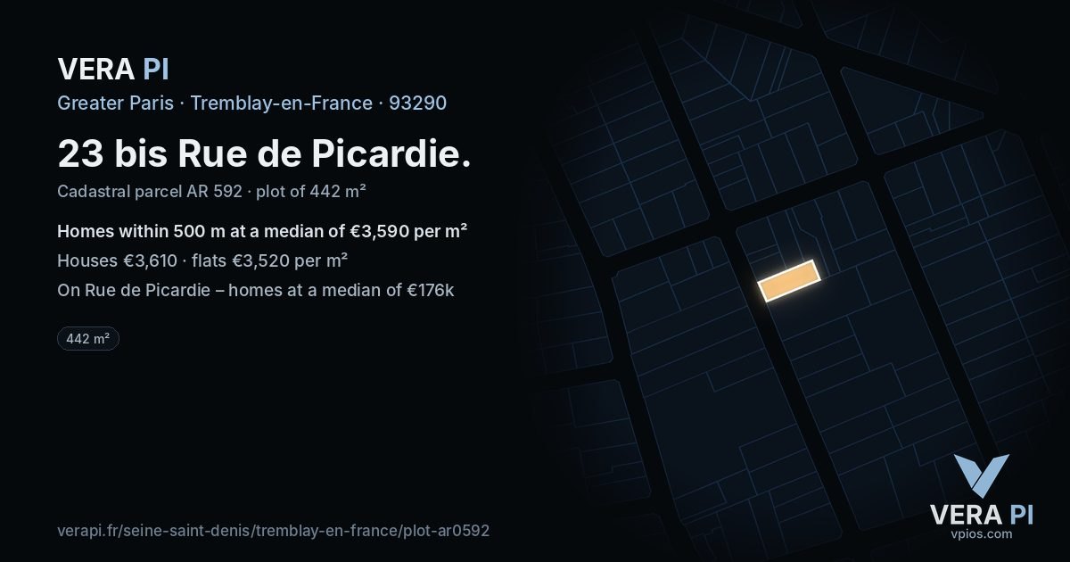 23 bis Rue de Picardie, Tremblay-en-France at night – the plot lit, the parcels around coloured by the prices near them