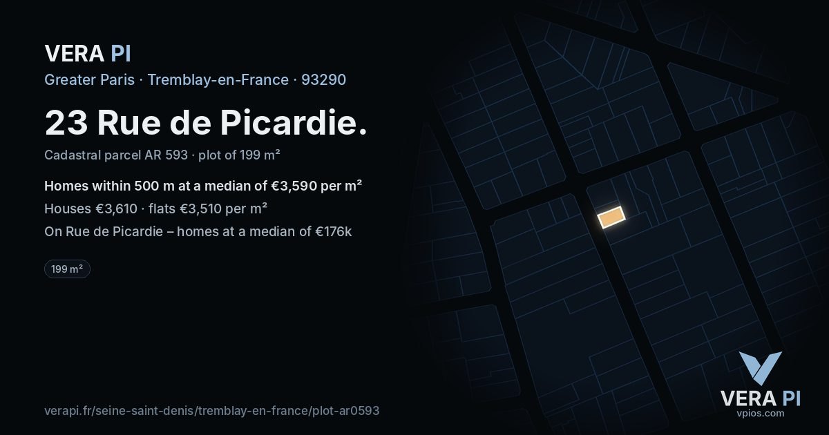 23 Rue de Picardie, Tremblay-en-France at night – the plot lit, the parcels around coloured by the prices near them