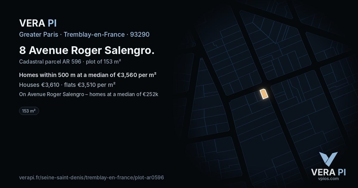 8 Avenue Roger Salengro, Tremblay-en-France at night – the plot lit, the parcels around coloured by the prices near them