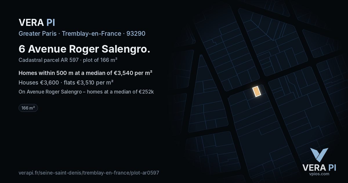 6 Avenue Roger Salengro, Tremblay-en-France at night – the plot lit, the parcels around coloured by the prices near them