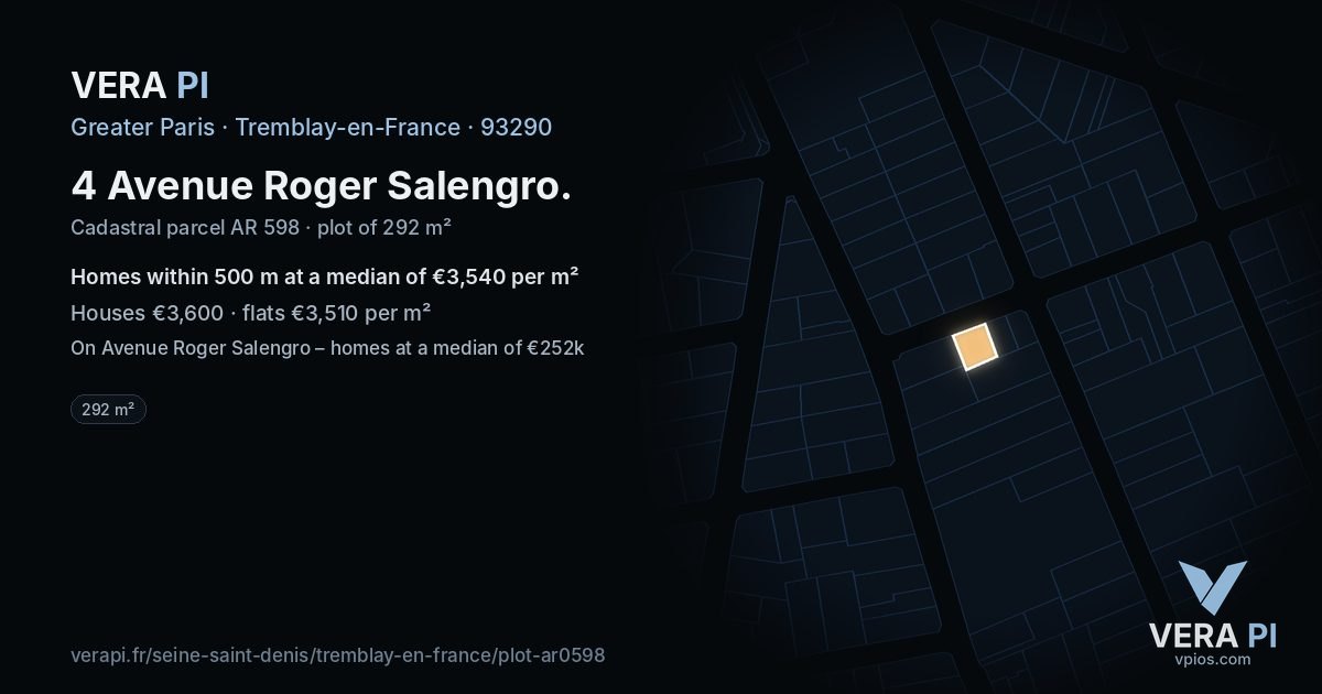 4 Avenue Roger Salengro, Tremblay-en-France at night – the plot lit, the parcels around coloured by the prices near them