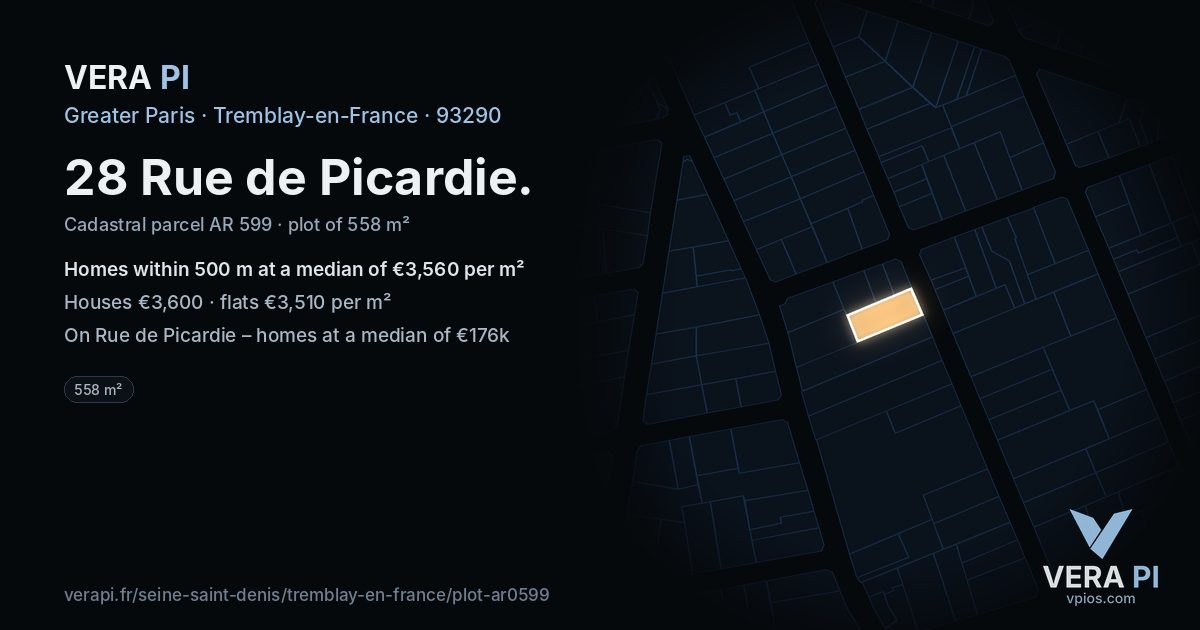 28 Rue de Picardie, Tremblay-en-France at night – the plot lit, the parcels around coloured by the prices near them