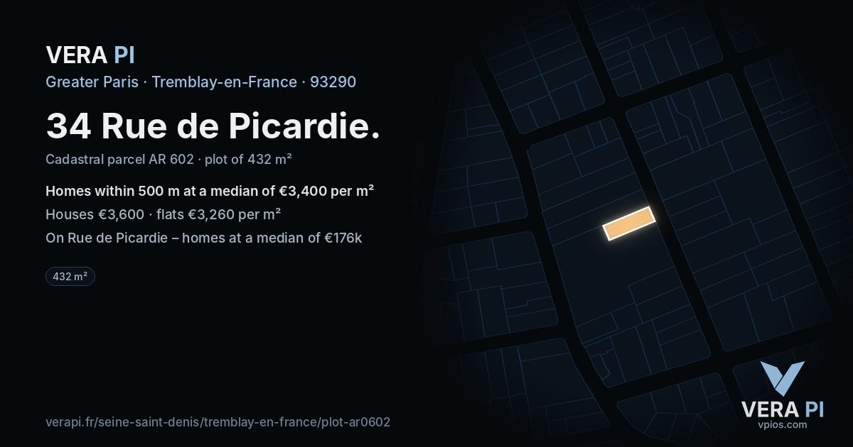 34 Rue de Picardie, Tremblay-en-France at night – the plot lit, the parcels around coloured by the prices near them