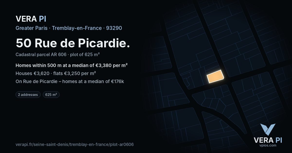 50 Rue de Picardie, Tremblay-en-France at night – the plot lit, the parcels around coloured by the prices near them