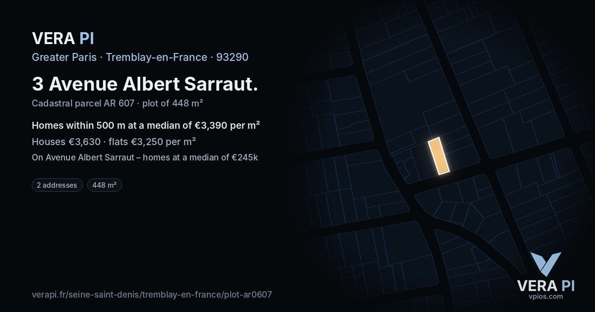3 Avenue Albert Sarraut, Tremblay-en-France at night – the plot lit, the parcels around coloured by the prices near them