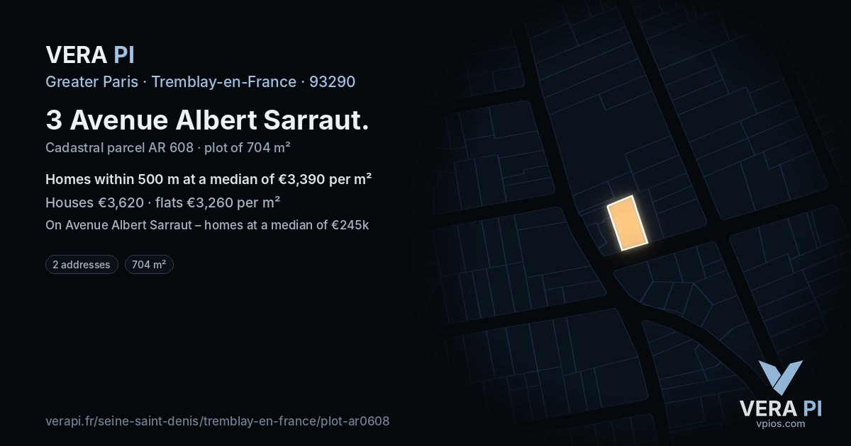 3 Avenue Albert Sarraut, Tremblay-en-France at night – the plot lit, the parcels around coloured by the prices near them