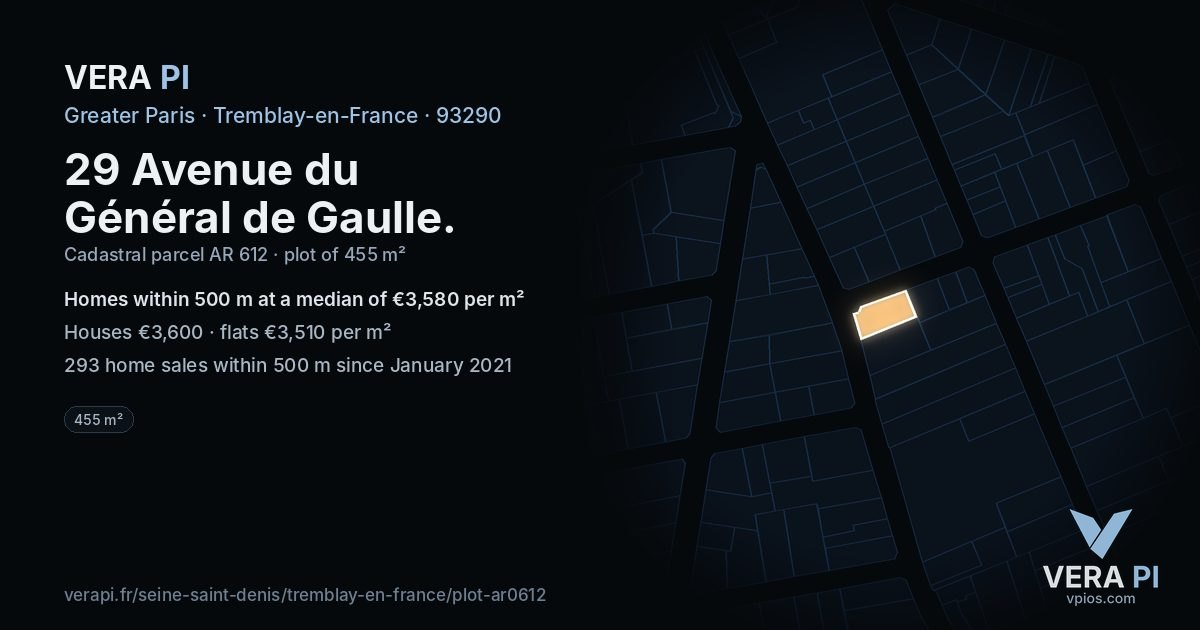 29 Avenue du Général de Gaulle, Tremblay-en-France at night – the plot lit, the parcels around coloured by the prices near them