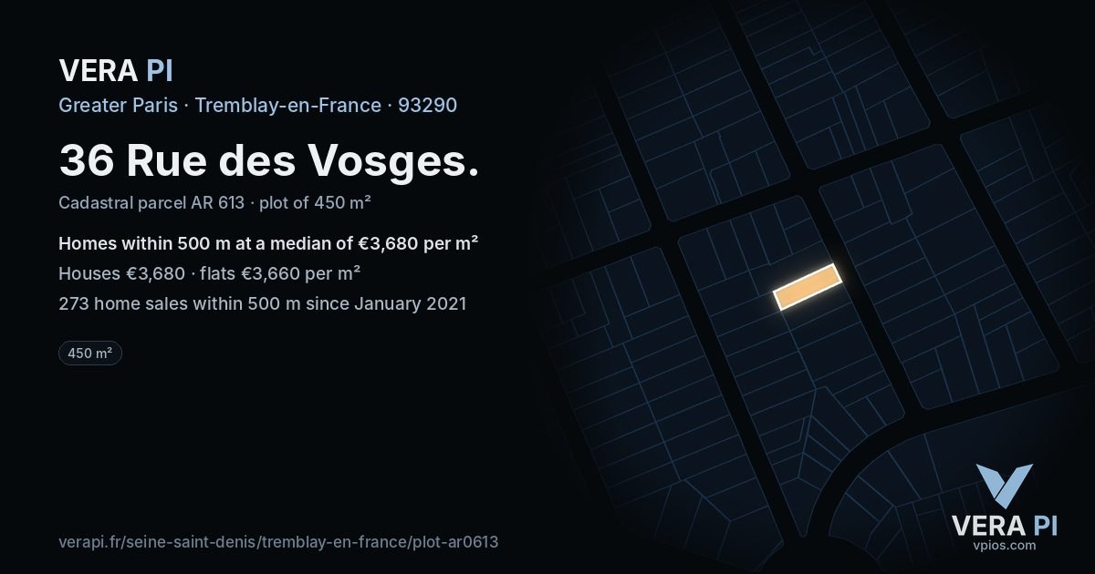 36 Rue des Vosges, Tremblay-en-France at night – the plot lit, the parcels around coloured by the prices near them