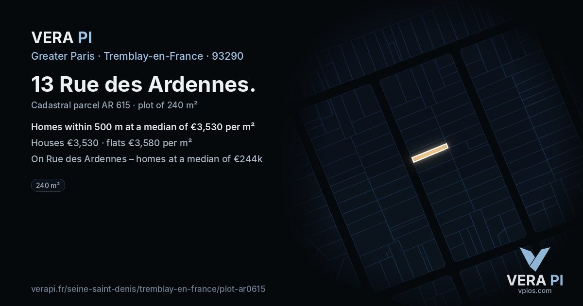 13 Rue des Ardennes, Tremblay-en-France at night – the plot lit, the parcels around coloured by the prices near them