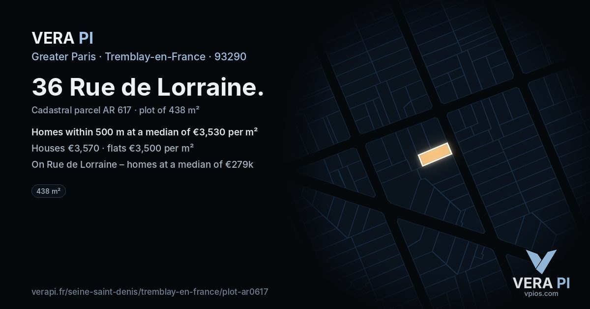 36 Rue de Lorraine, Tremblay-en-France at night – the plot lit, the parcels around coloured by the prices near them