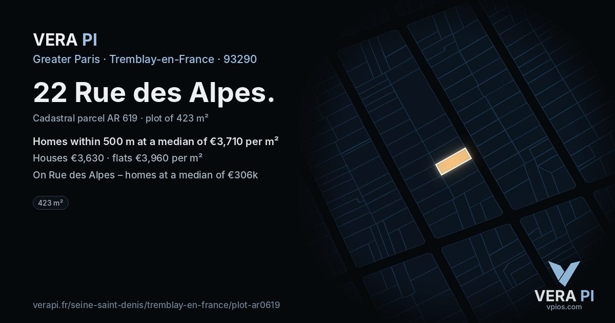 22 Rue des Alpes, Tremblay-en-France at night – the plot lit, the parcels around coloured by the prices near them
