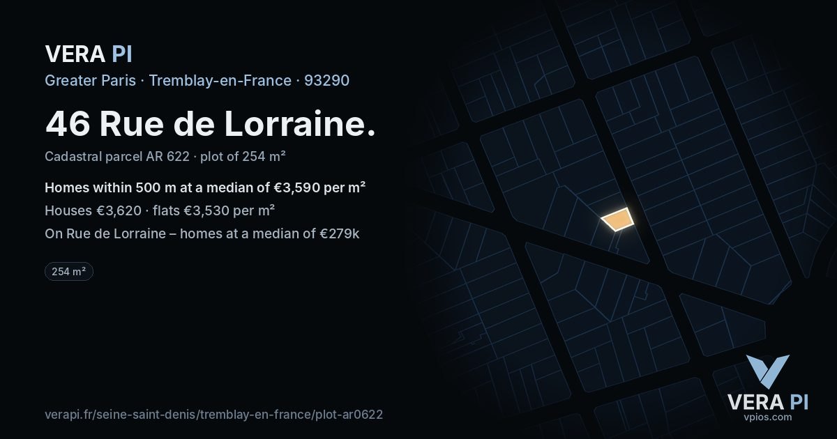 46 Rue de Lorraine, Tremblay-en-France at night – the plot lit, the parcels around coloured by the prices near them