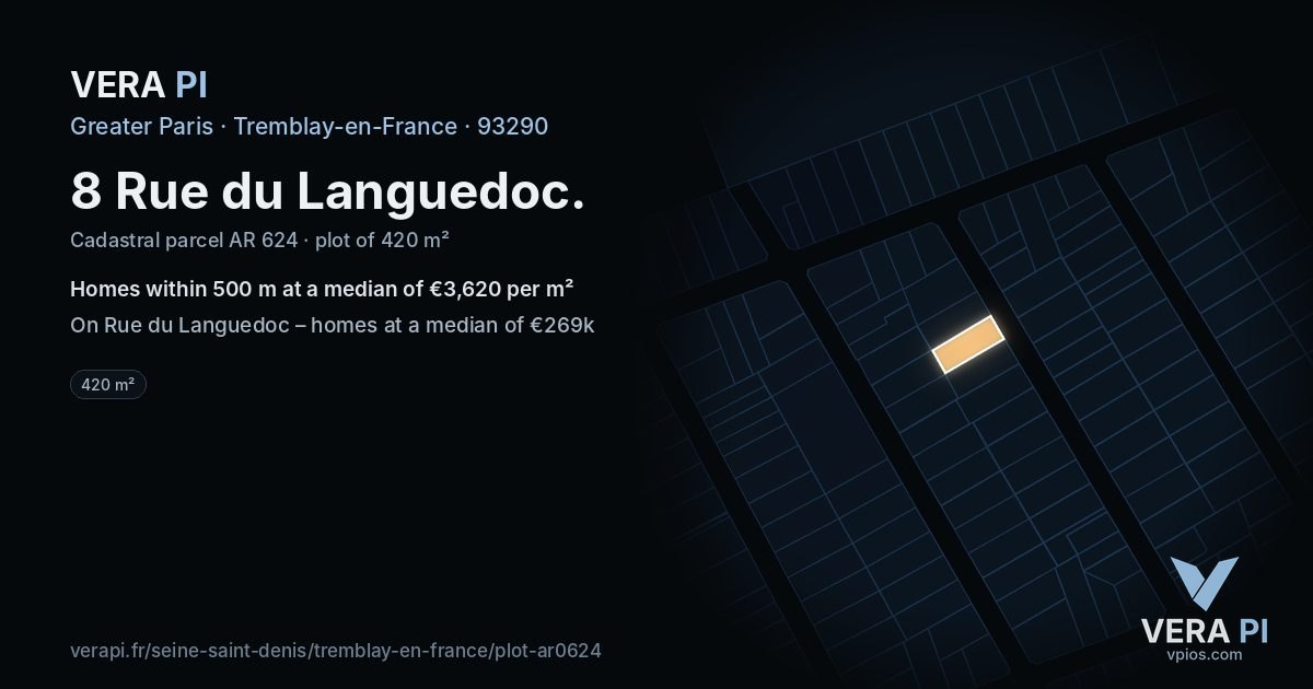 8 Rue du Languedoc, Tremblay-en-France at night – the plot lit, the parcels around coloured by the prices near them