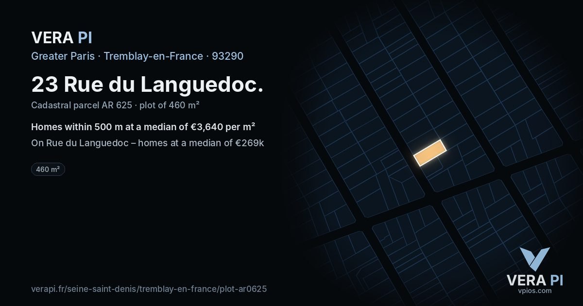 23 Rue du Languedoc, Tremblay-en-France at night – the plot lit, the parcels around coloured by the prices near them