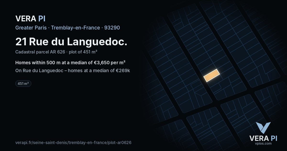 21 Rue du Languedoc, Tremblay-en-France at night – the plot lit, the parcels around coloured by the prices near them