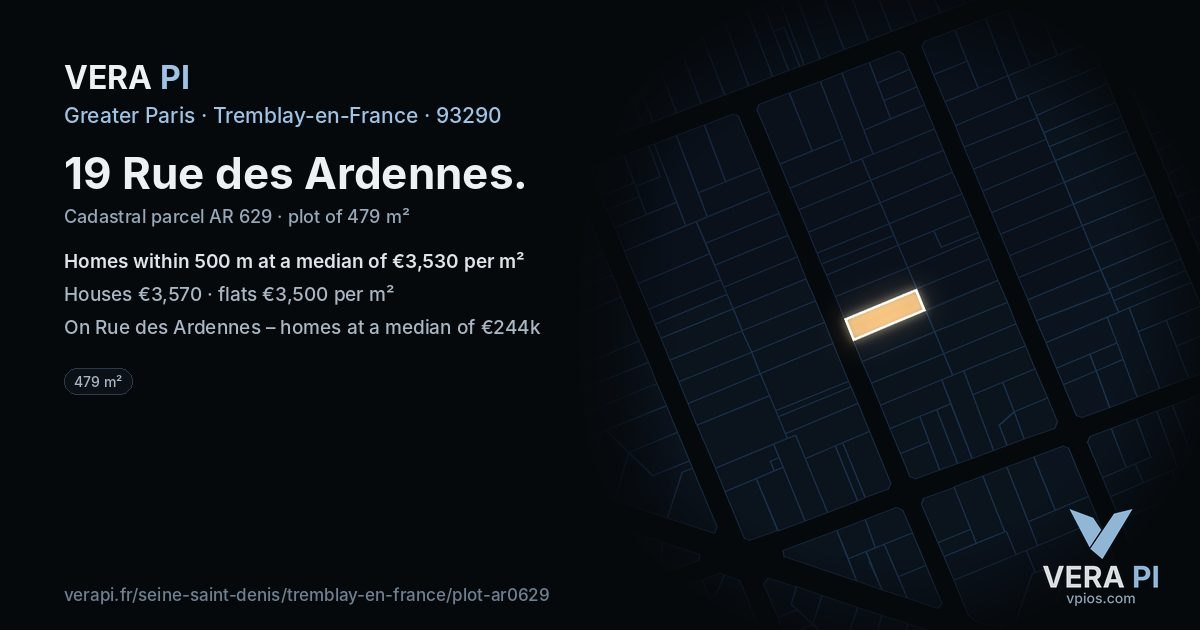 19 Rue des Ardennes, Tremblay-en-France at night – the plot lit, the parcels around coloured by the prices near them