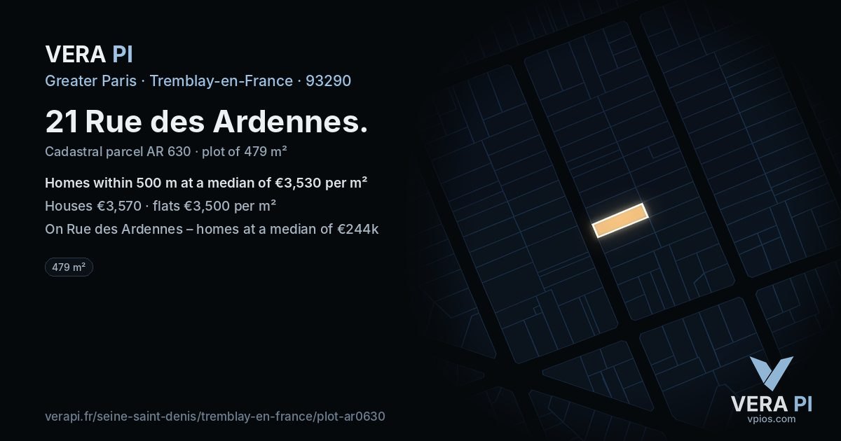 21 Rue des Ardennes, Tremblay-en-France at night – the plot lit, the parcels around coloured by the prices near them