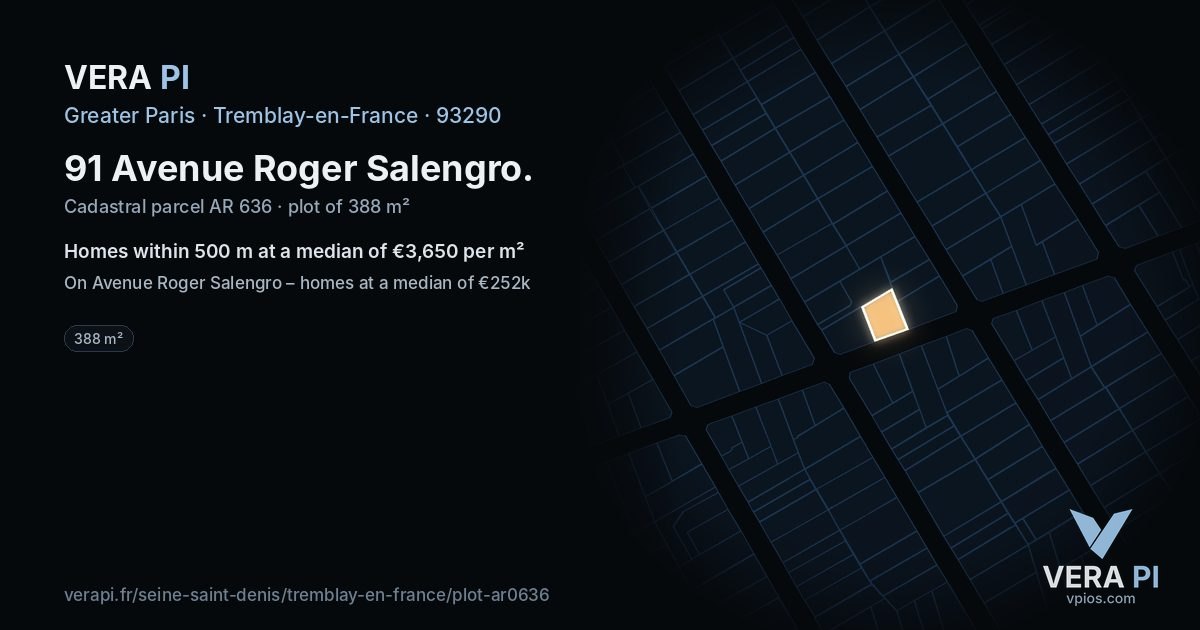 91 Avenue Roger Salengro, Tremblay-en-France at night – the plot lit, the parcels around coloured by the prices near them