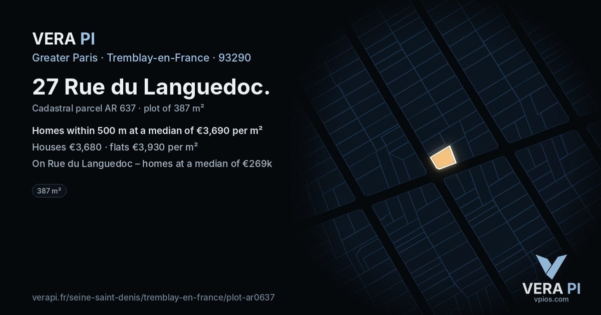 27 Rue du Languedoc, Tremblay-en-France at night – the plot lit, the parcels around coloured by the prices near them